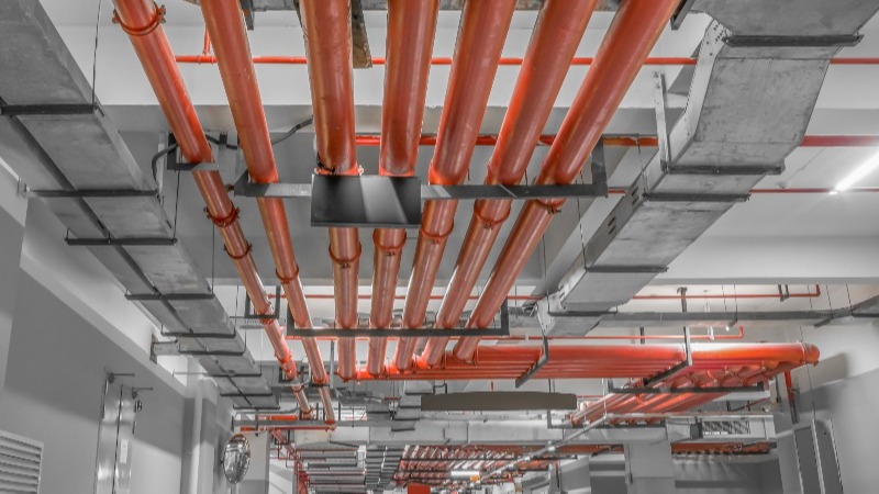 Winterize fire suppression system, red pipes